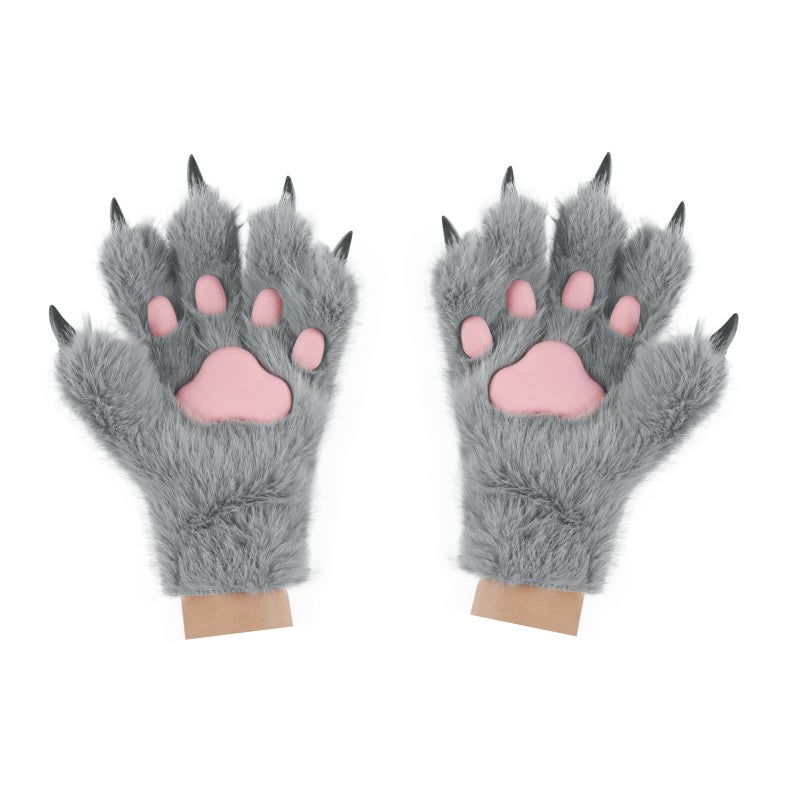 HAOAN Wolf Paw Gloves Faux Fur Cat Fingerless Mittens Winter Warm Cosplay Halloween Fancy Party Costume Accessories (gray01) - Image 1